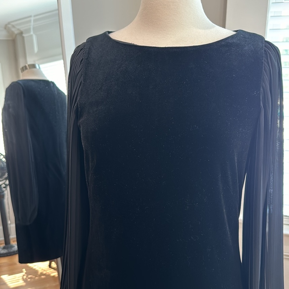 WHBM Sz 6 Black Velvet fully lined back zip beautiful sheer pleated sleeves EUC